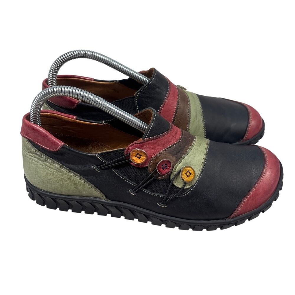 Spring Step Neeta Leather Slip-On Loafer Women 8.5 Black Red Green Button Detail - Picture 3 of 9